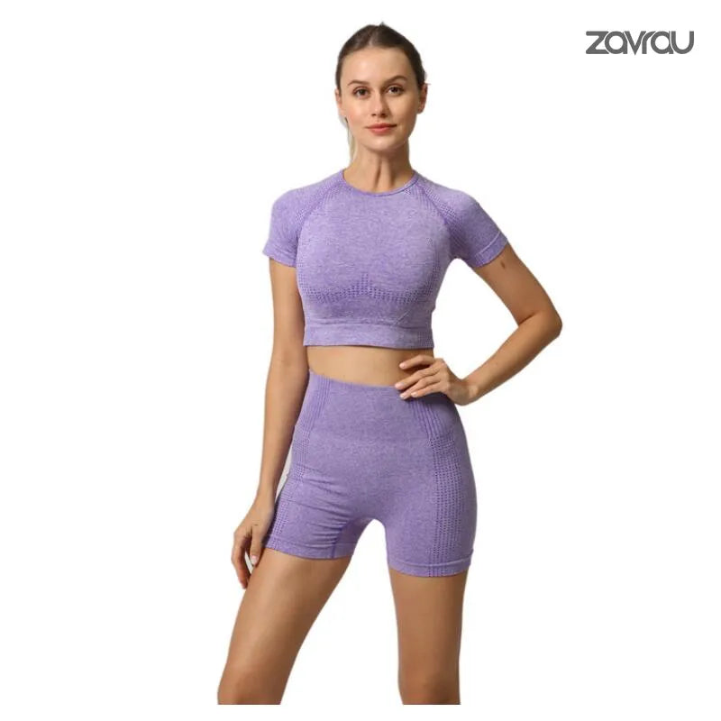 Conjunto Fitness Feminino - Short e Camiseta Cropped - Roupa de Academia - ZAVRAU